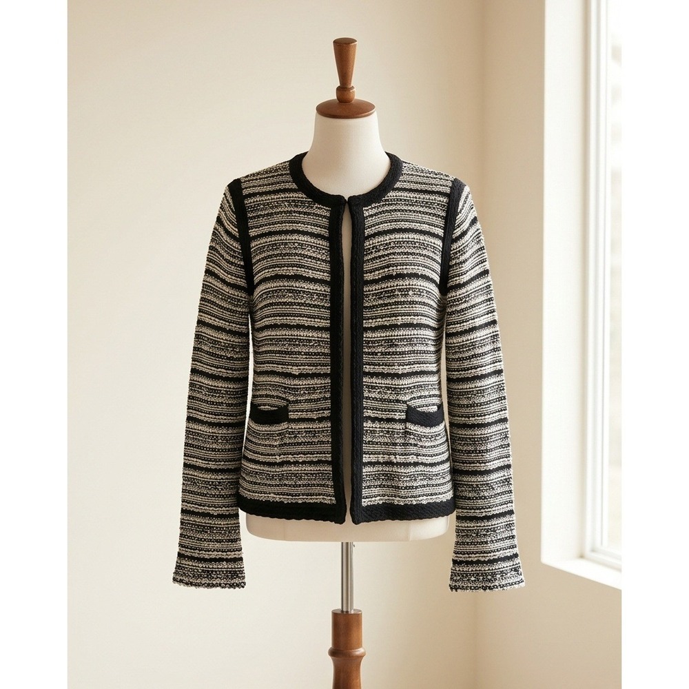 Chico's 2 Black Label Striped Tweed Open Front Cardigan Jacket Black White Gold